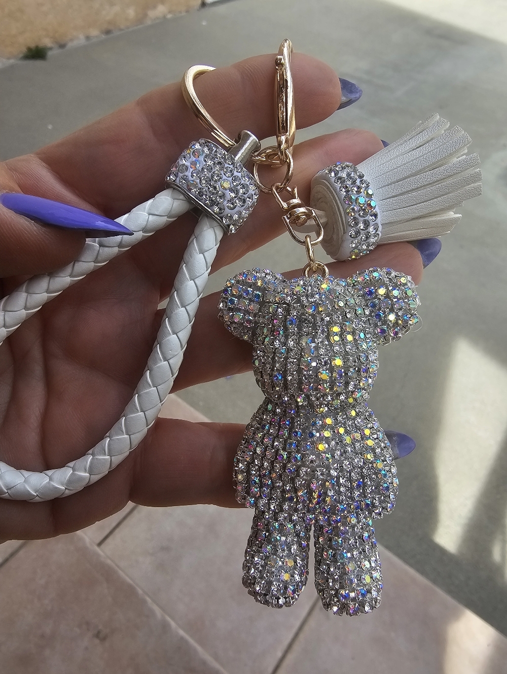 Rhinestone Teddy Bear Tassel Keyring Wristlet - White